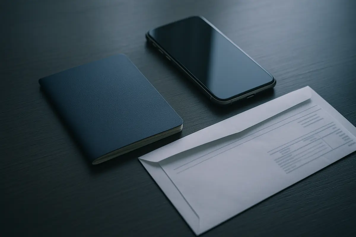 Passport-style booklet and phone on a desk